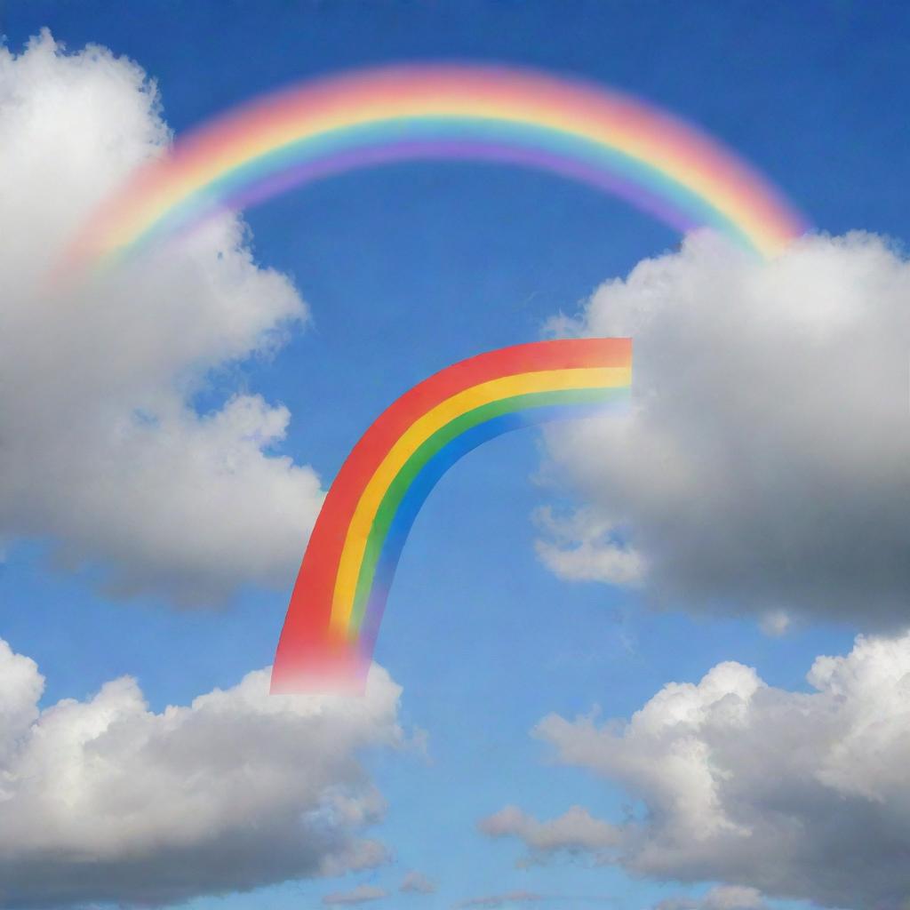 A letter J featuring vibrant, flowing colors of a rainbow against a cloudy sky.