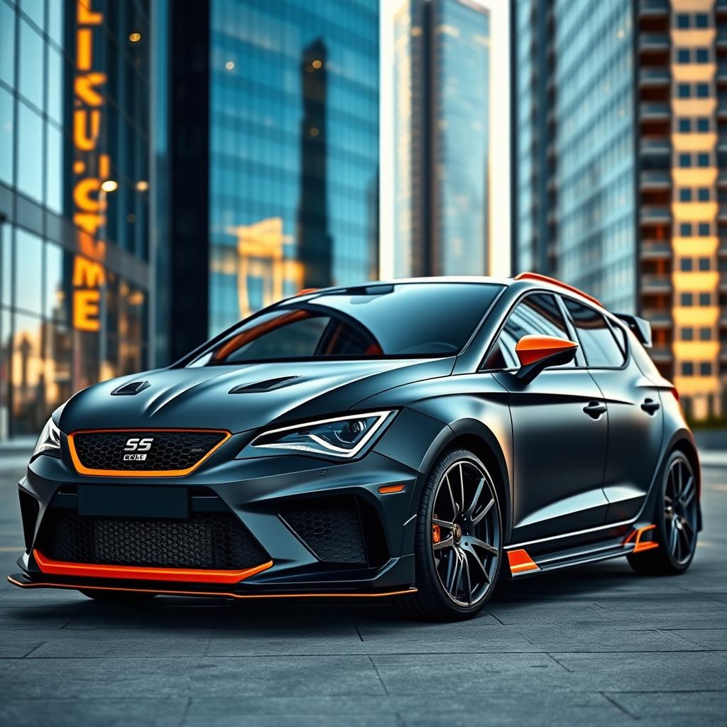 A sleek Cupra Formentor featuring a matte black finish combined with striking orange accents, enhanced by an aggressive body kit that emphasizes its sporty stance