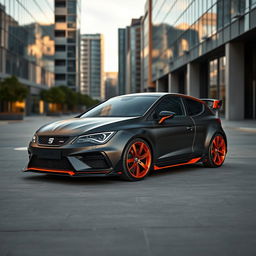 A sleek Cupra Formentor featuring a matte black finish combined with striking orange accents, enhanced by an aggressive body kit that emphasizes its sporty stance