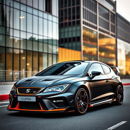 A sleek Cupra Formentor featuring a matte black finish combined with striking orange accents, enhanced by an aggressive body kit that emphasizes its sporty stance