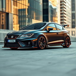 A sleek Cupra Formentor featuring a matte black finish combined with striking orange accents, enhanced by an aggressive body kit that emphasizes its sporty stance