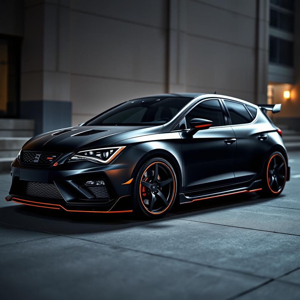 A sleek black Cupra Formentor with a matte finish, accentuated with vibrant orange details