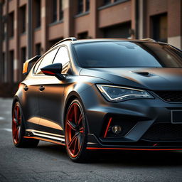 A sleek black Cupra Formentor with a matte finish, accentuated with vibrant orange details