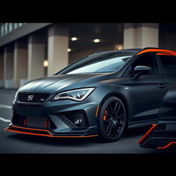 A sleek black Cupra Formentor with a matte finish, accentuated with vibrant orange details