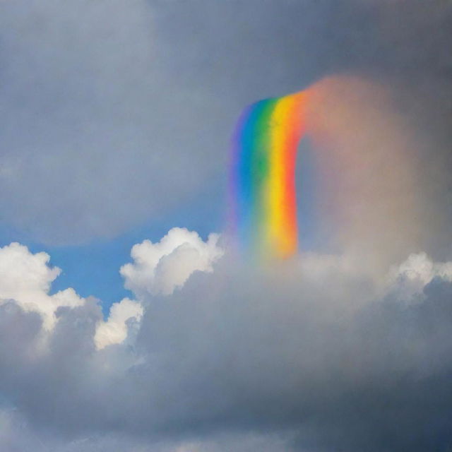 A letter J featuring vibrant, flowing colors of a rainbow against a cloudy sky.