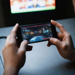 Close-up view of hands holding a smartphone, intense gaming scene visible on the screen, with ambient lighting reflecting off of the screen.