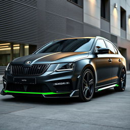 A stylish black Skoda Octavia with a matte finish, featuring striking green accents