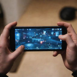 Close-up view of hands holding a smartphone, intense gaming scene visible on the screen, with ambient lighting reflecting off of the screen.