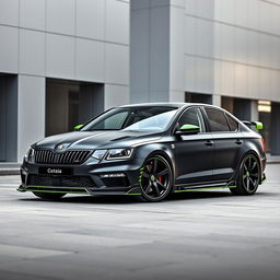 A stylish black Skoda Octavia with a matte finish, featuring striking green accents