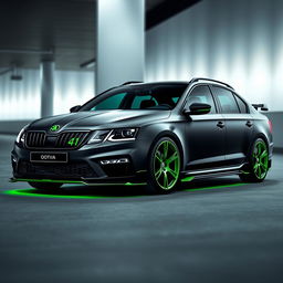 A stylish black Skoda Octavia with a matte finish, featuring striking green accents