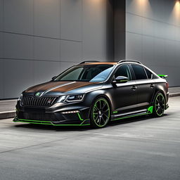 A stylish black Skoda Octavia with a matte finish, featuring striking green accents