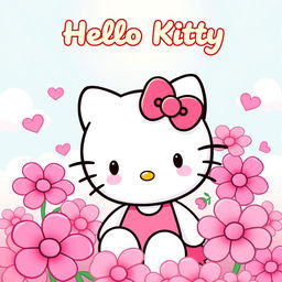 A cute and colorful illustration featuring Hello Kitty in a delightful pink theme