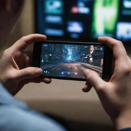 Close-up view of hands holding a smartphone, intense gaming scene visible on the screen, with ambient lighting reflecting off of the screen.