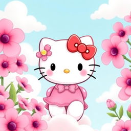 A cute and colorful illustration featuring Hello Kitty in a delightful pink theme