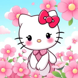 A cute and colorful illustration featuring Hello Kitty in a delightful pink theme