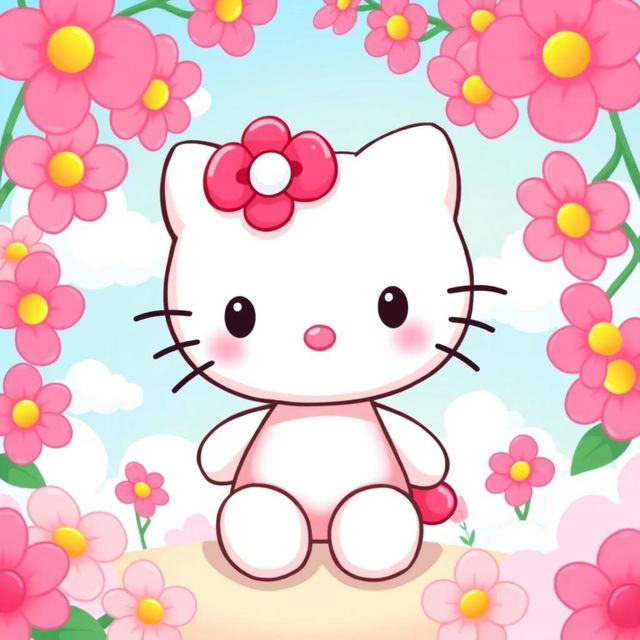 A cute and colorful illustration featuring Hello Kitty in a delightful pink theme