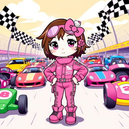 A racing-themed illustration featuring a cute, fashionable brunette character inspired by Hello Kitty, dressed in a stylish Y2K outfit