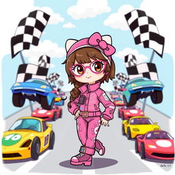 A racing-themed illustration featuring a cute, fashionable brunette character inspired by Hello Kitty, dressed in a stylish Y2K outfit