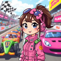 A racing-themed illustration featuring a cute, fashionable brunette character inspired by Hello Kitty, dressed in a stylish Y2K outfit