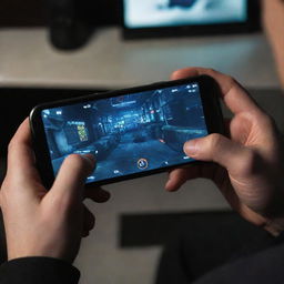 Close-up view of hands holding a smartphone, intense gaming scene visible on the screen, with ambient lighting reflecting off of the screen.