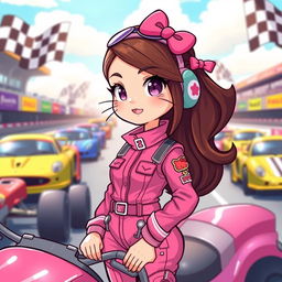 A racing-themed illustration featuring a cute, fashionable brunette character inspired by Hello Kitty, dressed in a stylish Y2K outfit