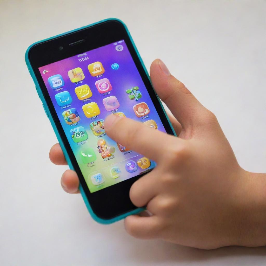 A child's hand, brightly lit and colorful, gripping a phone engaged in a lively and animated game.