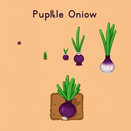 An illustrated depiction of the growth phases of a purple onion crop from the game Stardew Valley