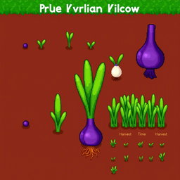 An illustrated depiction of the growth phases of a purple onion crop from the game Stardew Valley