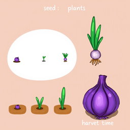 An illustrated depiction of the growth phases of a purple onion crop from the game Stardew Valley