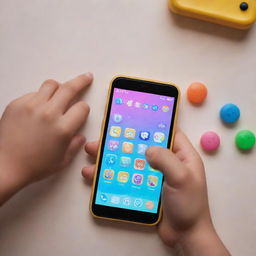 A child's hand, brightly lit and colorful, gripping a phone engaged in a lively and animated game.