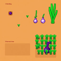 A pixel art representation showing the growth phases of a purple onion crop from the game Stardew Valley