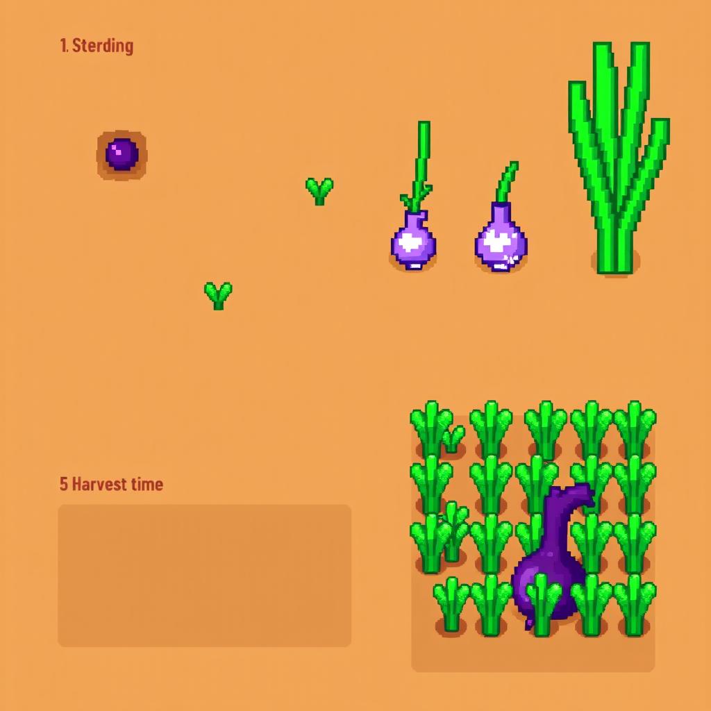 A pixel art representation showing the growth phases of a purple onion crop from the game Stardew Valley