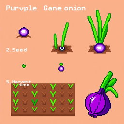 A pixel art representation showing the growth phases of a purple onion crop from the game Stardew Valley