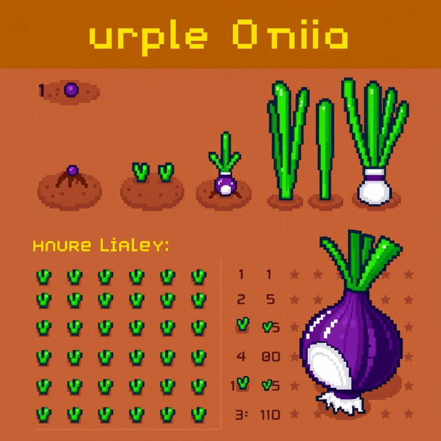 A pixel art representation showing the growth phases of a purple onion crop from the game Stardew Valley