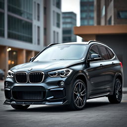 A sleek black BMW X1 with a stylish matte finish, equipped with an aggressive body kit that enhances its sporty appearance