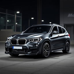 A sleek black BMW X1 with a stylish matte finish, equipped with an aggressive body kit that enhances its sporty appearance