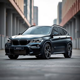 A sleek black BMW X1 with a stylish matte finish, equipped with an aggressive body kit that enhances its sporty appearance