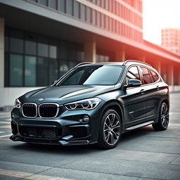 A sleek black BMW X1 with a stylish matte finish, equipped with an aggressive body kit that enhances its sporty appearance