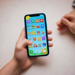 A child's hand, brightly lit and colorful, gripping a phone engaged in a lively and animated game.