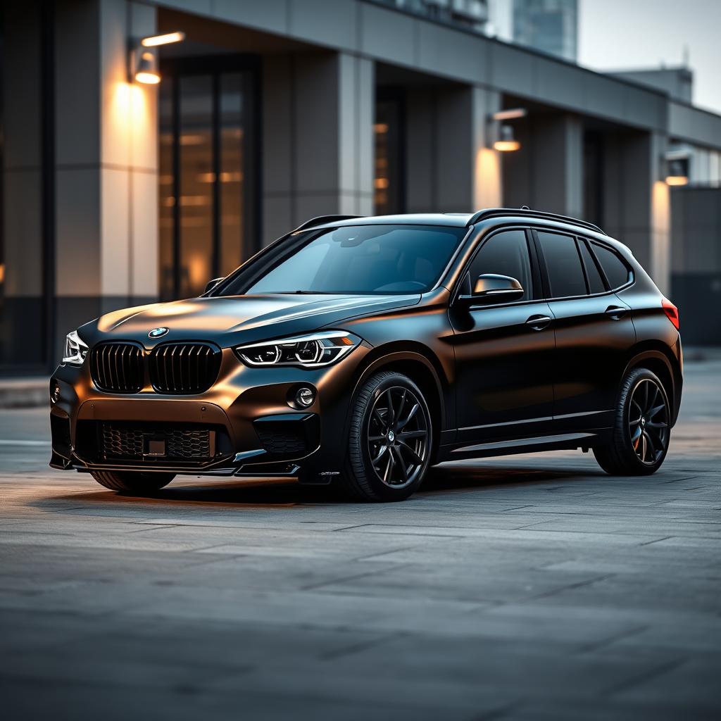 A 2024 BMW X1 featuring a sleek matte black finish with an enhanced body kit that emphasizes its modern and sporty design