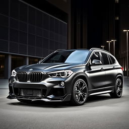 A 2024 BMW X1 featuring a sleek matte black finish with an enhanced body kit that emphasizes its modern and sporty design