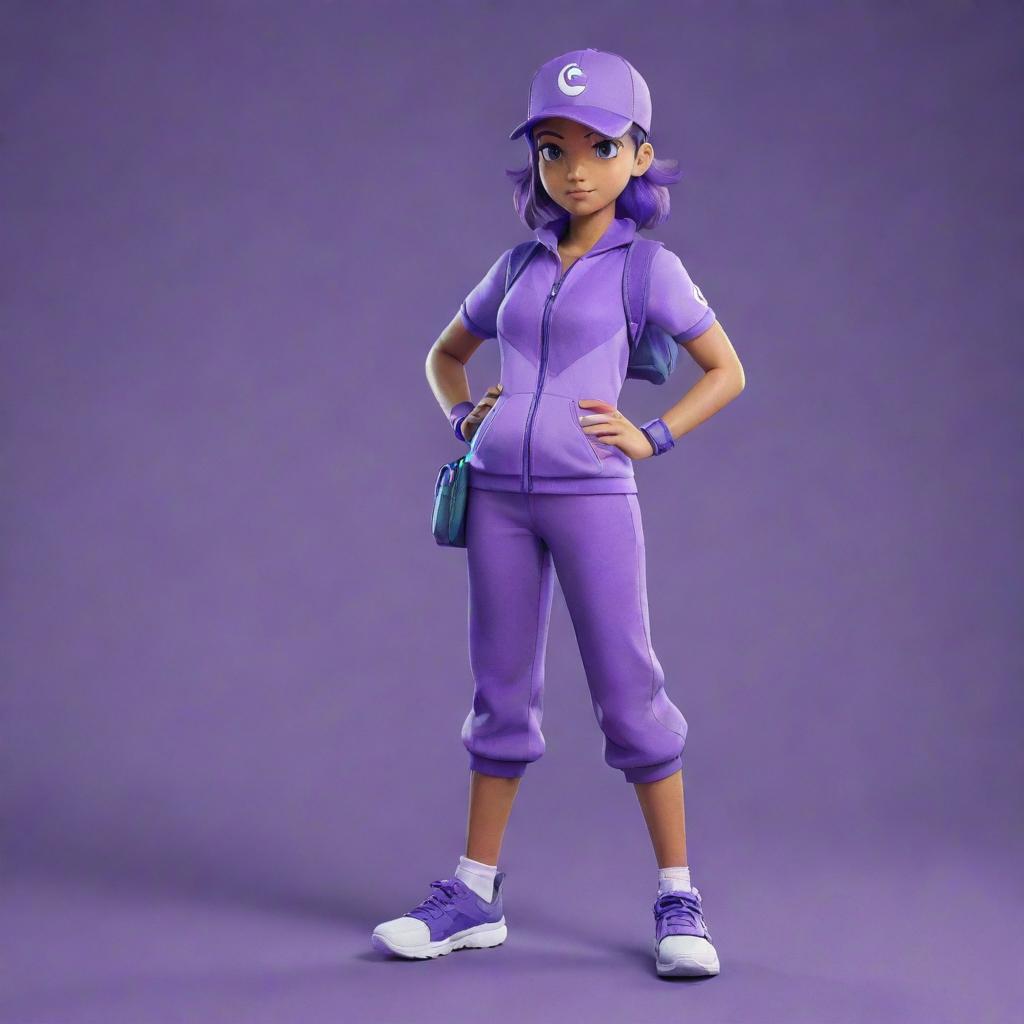 A stylized Pokemon trainer dressed in a variety of purple tones, with a confident and courageous stance.