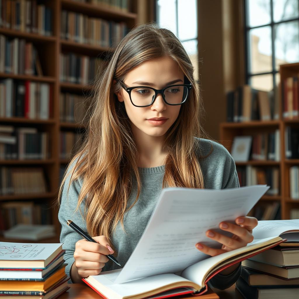 A highly intelligent young woman, demonstrating a genius IQ, surrounded by books and scientific diagrams in a cozy library setting