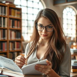 A highly intelligent young woman, demonstrating a genius IQ, surrounded by books and scientific diagrams in a cozy library setting