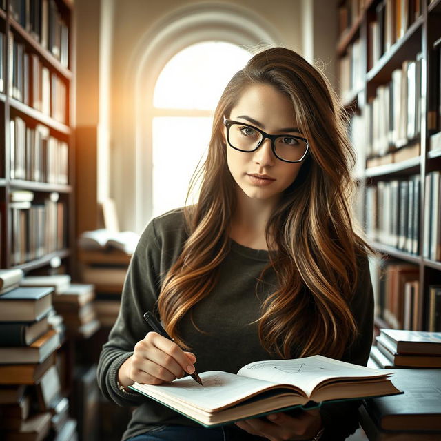 A highly intelligent young woman, demonstrating a genius IQ, surrounded by books and scientific diagrams in a cozy library setting