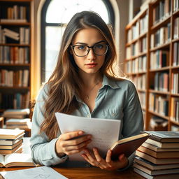 A highly intelligent young woman, demonstrating a genius IQ, surrounded by books and scientific diagrams in a cozy library setting