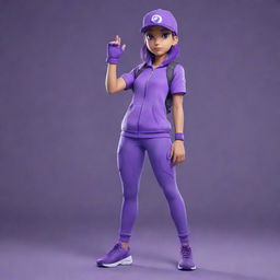 A stylized Pokemon trainer dressed in a variety of purple tones, with a confident and courageous stance.