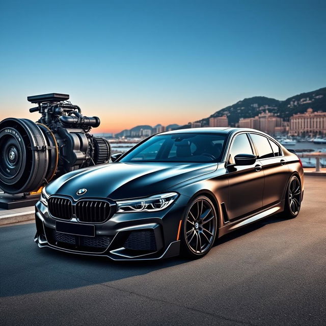 An impressive BMW Series 7 with a sleek matte black finish, equipped with an eye-catching body kit that emphasizes its luxurious and aggressive stance