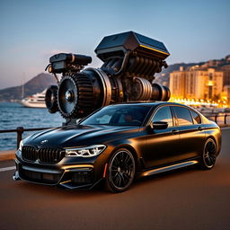 An impressive BMW Series 7 with a sleek matte black finish, equipped with an eye-catching body kit that emphasizes its luxurious and aggressive stance