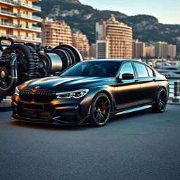 An impressive BMW Series 7 with a sleek matte black finish, equipped with an eye-catching body kit that emphasizes its luxurious and aggressive stance